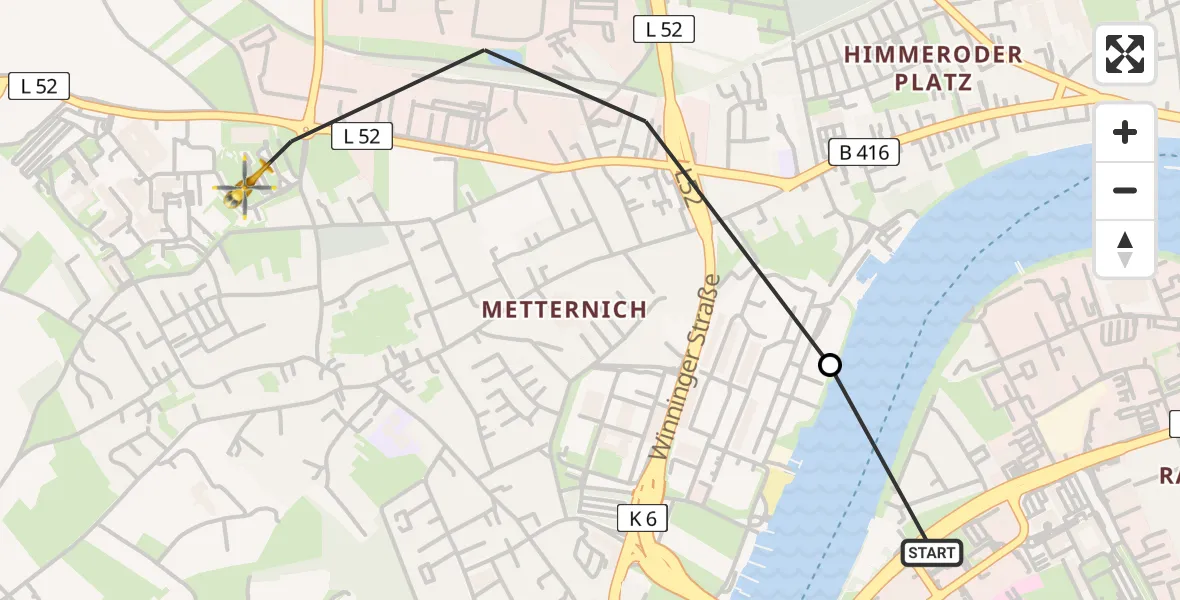 Flugroute Rettungshubschrauber Katholisches Klinikum Marienhof Koblenz Hubschrauberlandeplatz - Koblenz, 06 August 2026, 18:50