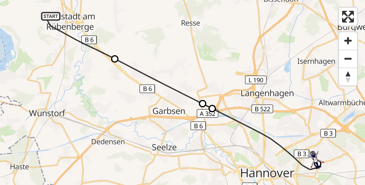 Flugroute Polizeihubschrauber Neustadt am Rübenberge - Hannover Luftrettung Hubschrauberlandeplatz (Christoph 4), 06 August 2026, 18:54