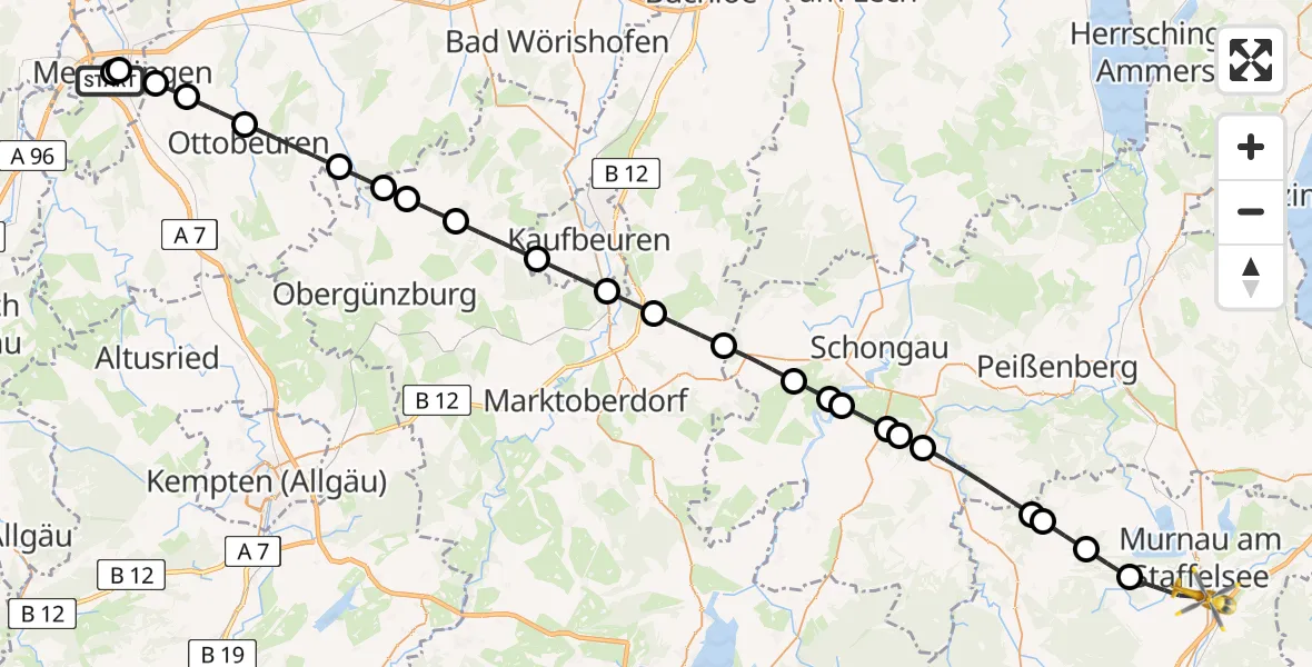 Flugroute Rettungshubschrauber Memmingen Hospital - Murnau a.Staffelsee, 06 August 2026, 18:54