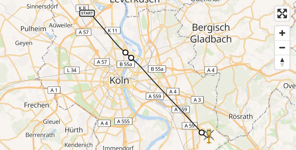 Flugroute Ambulanzhubschrauber Köln - Köln Bonn Flughafen, 06 August 2026, 18:58