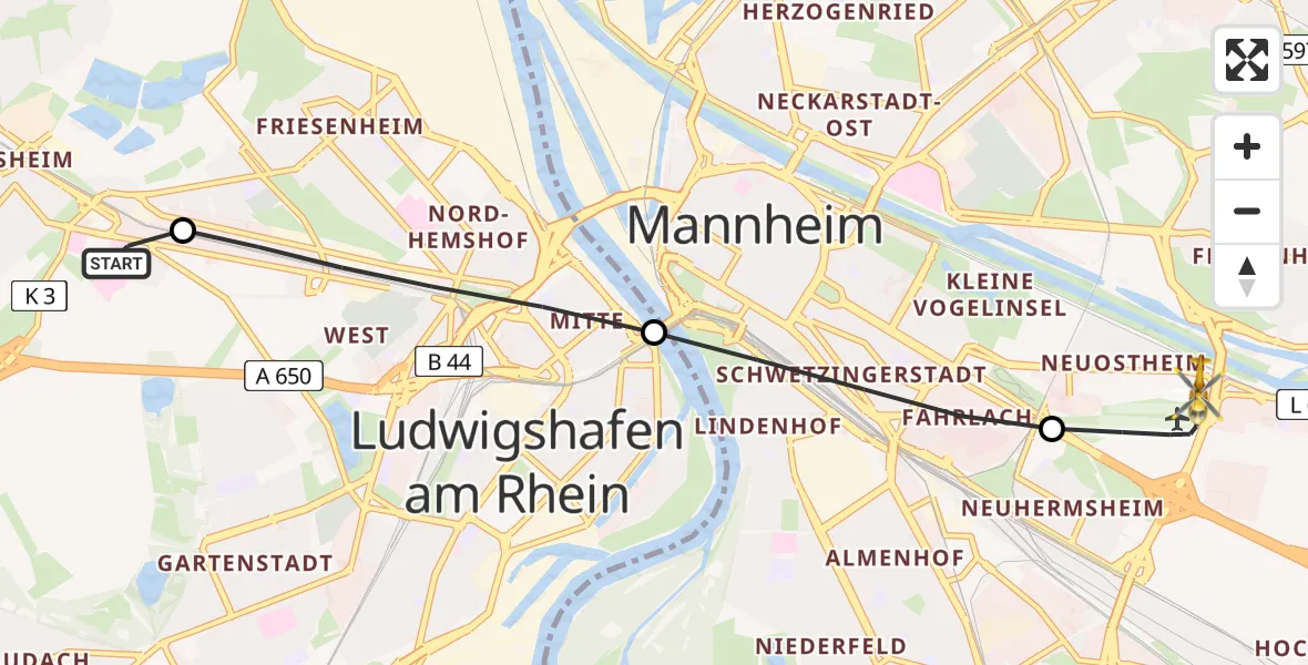Flugroute Rettungshubschrauber Ludwigshafen Accident Hospital - Mannheim-City Flughafen, 06 August 2026, 18:58