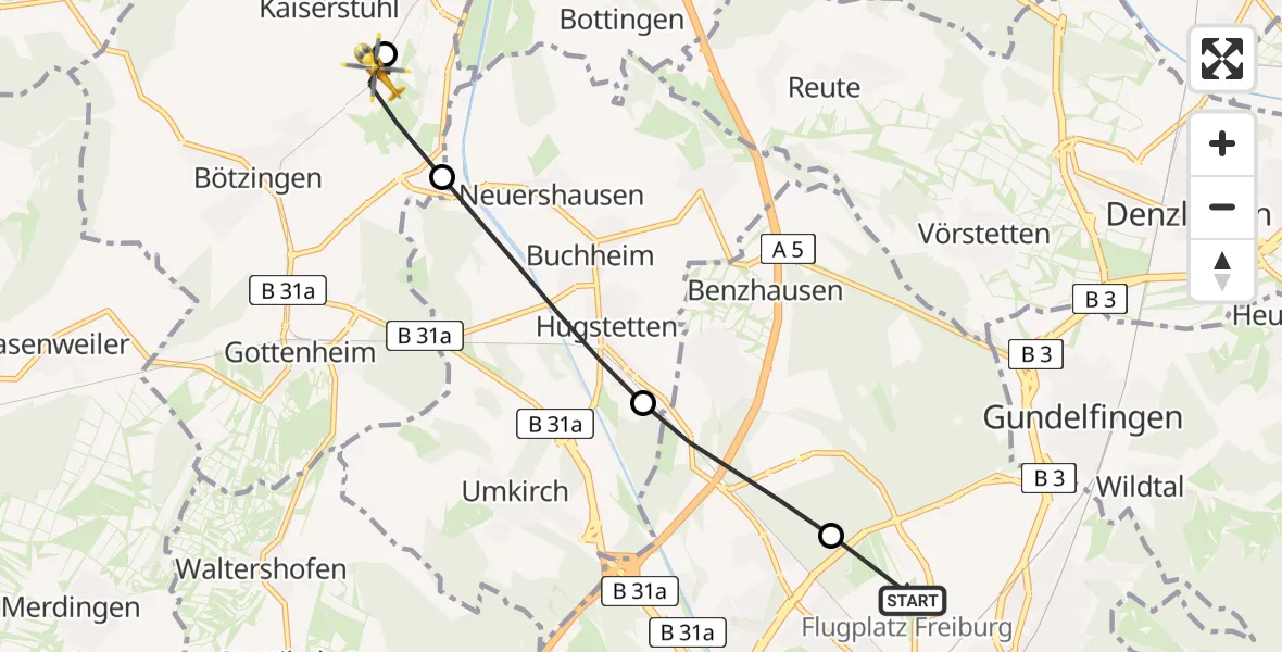 Flugroute Ambulanzhubschrauber Freiburg im Breisgau Flugplatz - Bötzingen, 06 August 2026, 19:00