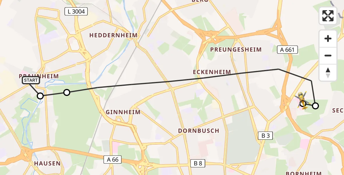Flugroute Rettungshubschrauber Northwest Hospital - Frankfurt am Main Accident Hospital Roof Helipad (CHX2), 06 August 2026, 19:01