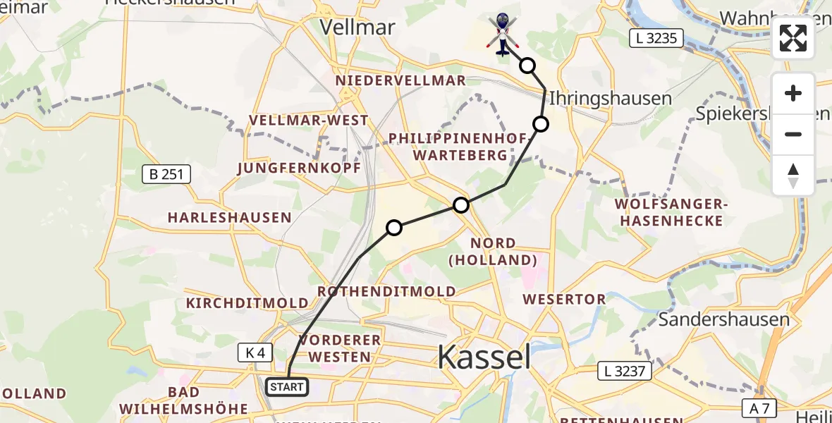 Flugroute Polizeihubschrauber Kassel - Fuldatal Bundespolizei Hubschrauberlandeplatz, 06 August 2026, 19:01
