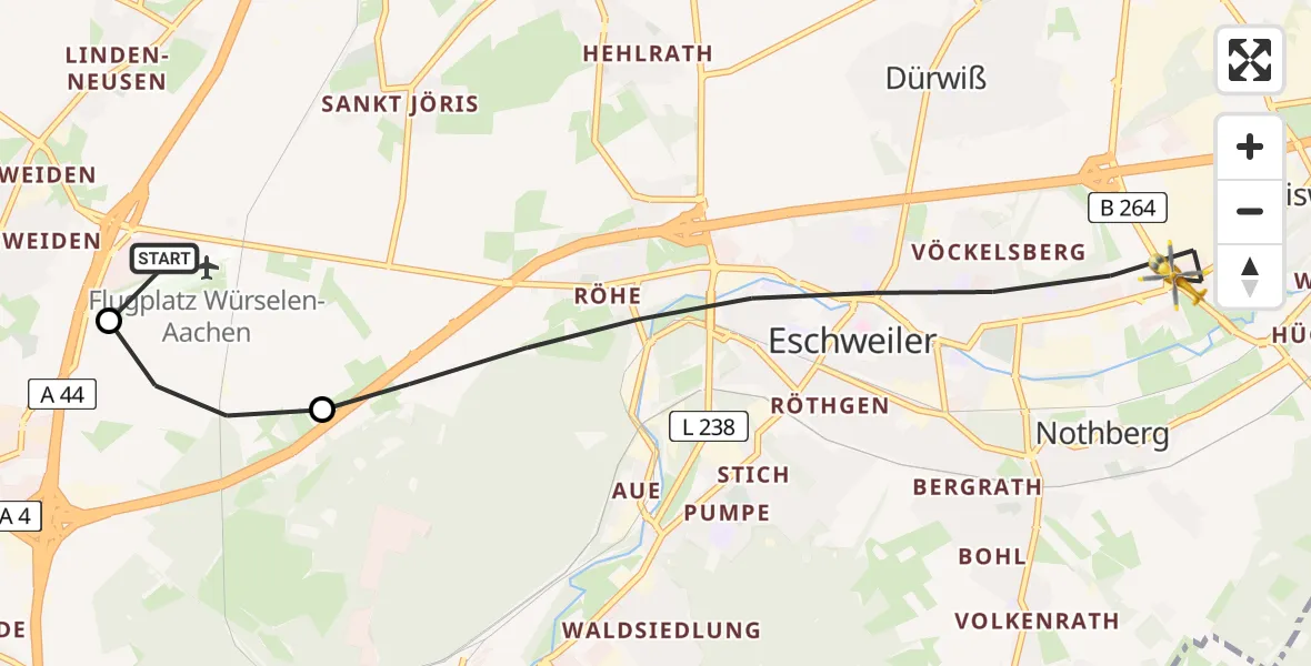 Flugroute Rettungshubschrauber Aachen-Merzbrück Flughafen - Eschweiler, 06 August 2026, 19:17