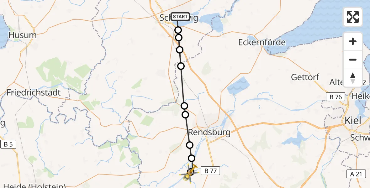Flugroute Ambulanzhubschrauber Schleswig - Rendsburg-Schachtholm Flugplatz, 06 August 2026, 19:25