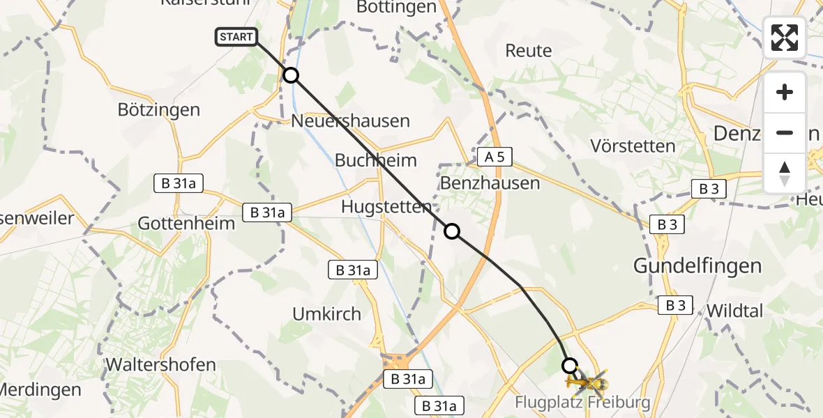 Flugroute Ambulanzhubschrauber Eichstetten am Kaiserstuhl - Freiburg im Breisgau Flugplatz, 06 August 2026, 19:35