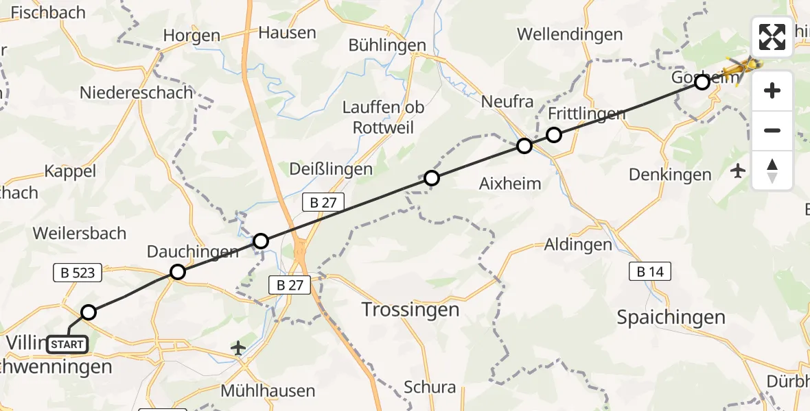 Flugroute Ambulanzhubschrauber DRF Air Rescue Station Villingen-Schwenningen Hubschrauberlandeplatz (Christoph 11) - Gosheim, 06 August 2026, 19:53