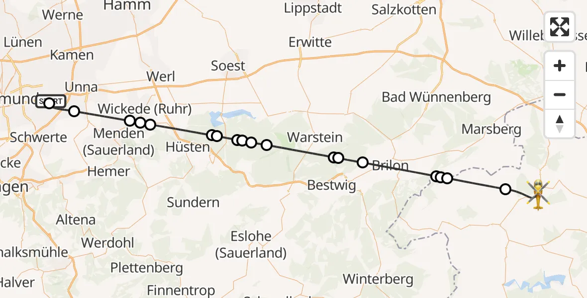 Flugroute Rettungshubschrauber Dortmund Flughafen - Twistetal, 06 August 2026, 19:57