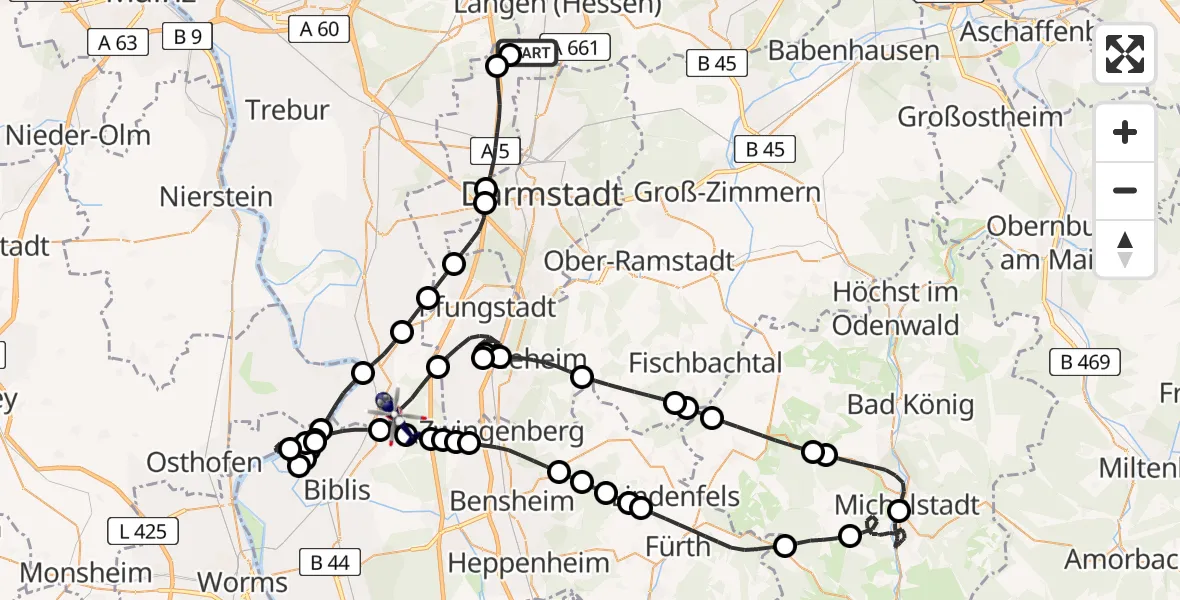 Flugroute Polizeihubschrauber Flughafen Frankfurt-Egelsbach - Gernsheim, 06 August 2026, 20:01