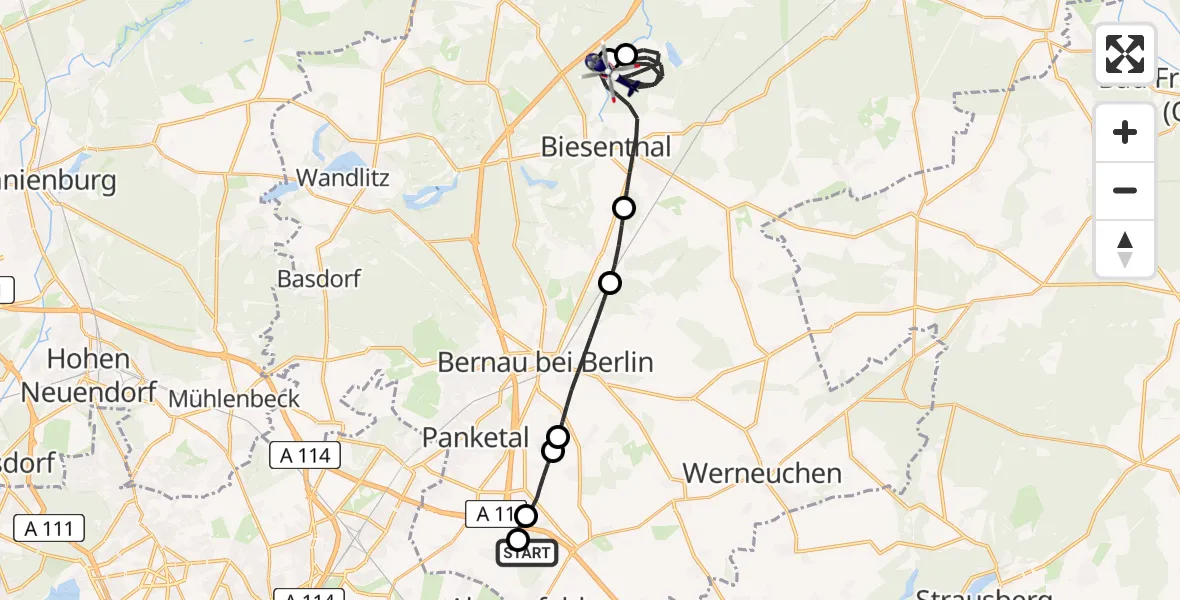 Flugroute Polizeihubschrauber Ahrensfelde Hubschrauberlandeplatz - Biesenthal, 06 August 2026, 20:13
