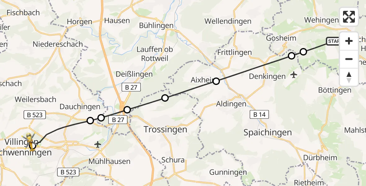 Flugroute Ambulanzhubschrauber Wehingen - DRF Air Rescue Station Villingen-Schwenningen Hubschrauberlandeplatz (Christoph 11), 06 August 2026, 20:22