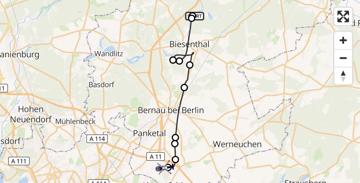 Flugroute Polizeihubschrauber Biesenthal - Ahrensfelde Hubschrauberlandeplatz, 06 August 2026, 20:57