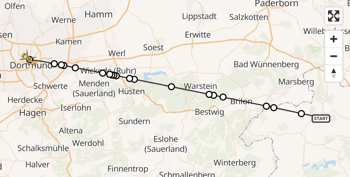 Flugroute Rettungshubschrauber Twistetal - Dortmund Hospital North, 06 August 2026, 21:04