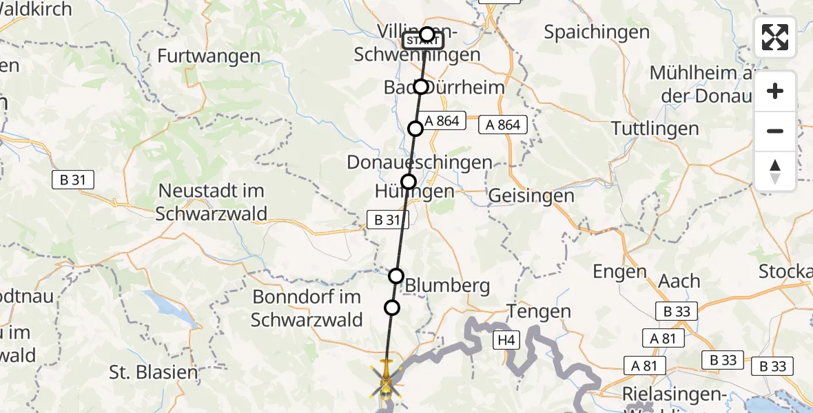 Flugroute Ambulanzhubschrauber DRF Air Rescue Station Villingen-Schwenningen Hubschrauberlandeplatz (Christoph 11) - Stühlingen, 06 August 2026, 21:06