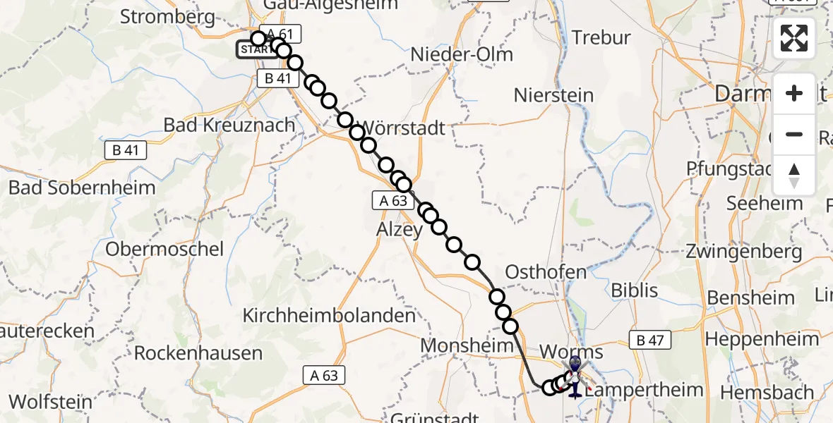 Flugroute Polizeihubschrauber Grolsheim - Worms Flugplatz, 06 August 2026, 21:09