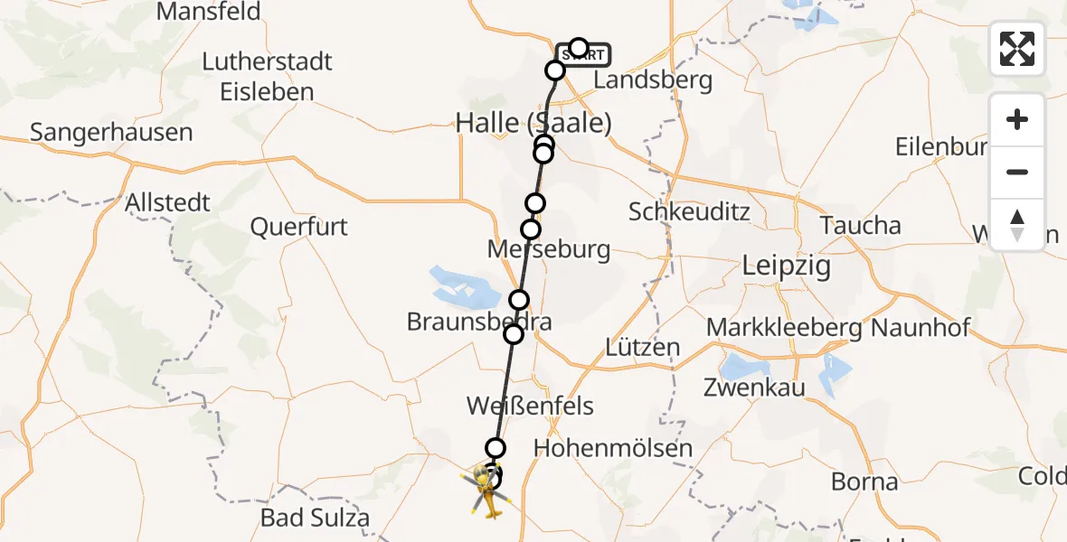 Flugroute Rettungshubschrauber Halle-Oppin Flugplatz - Mertendorf, 06 August 2026, 21:12