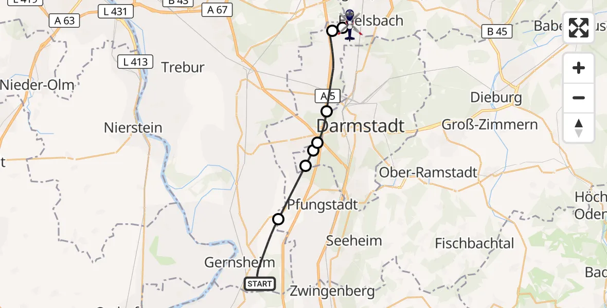 Flugroute Polizeihubschrauber Gernsheim - Flughafen Frankfurt-Egelsbach, 06 August 2026, 21:38