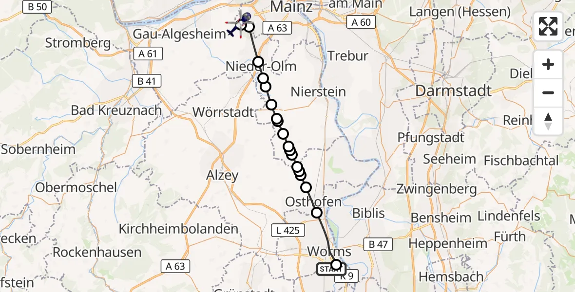 Flugroute Polizeihubschrauber Worms Flugplatz - Mainz-Finthen Flugplatz, 06 August 2026, 21:43