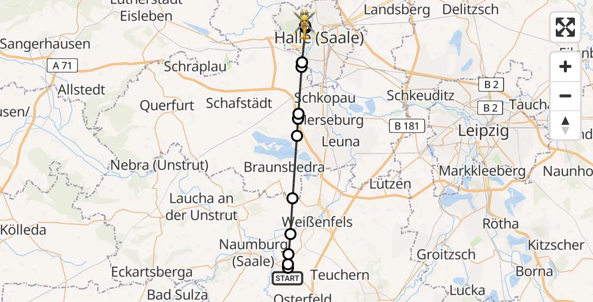 Flugroute Rettungshubschrauber Mertendorf - Halle (Saale) University Hospital, 06 August 2026, 22:01