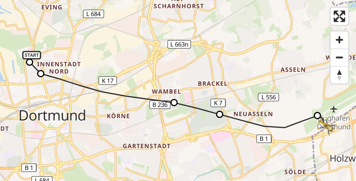 Flugroute Rettungshubschrauber Dortmund Hospital North - Dortmund Flughafen, 06 August 2026, 22:15