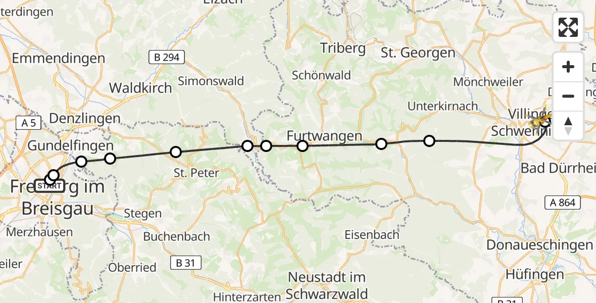 Flugroute Ambulanzhubschrauber Freiburg University Hospital Heliport 1 - DRF Air Rescue Station Villingen-Schwenningen Hubschrauberlandeplatz (Christoph 11), 06 August 2026, 22:26