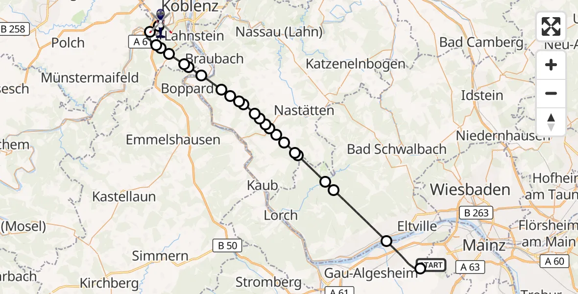 Flugroute Polizeihubschrauber Mainz-Finthen Flugplatz - Koblenz-Winningen Flugplatz, 06 August 2026, 22:27