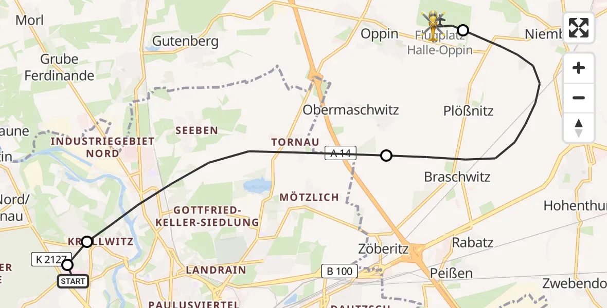 Flugroute Rettungshubschrauber Halle (Saale) University Hospital - Halle-Oppin Flugplatz, 06 August 2026, 22:41
