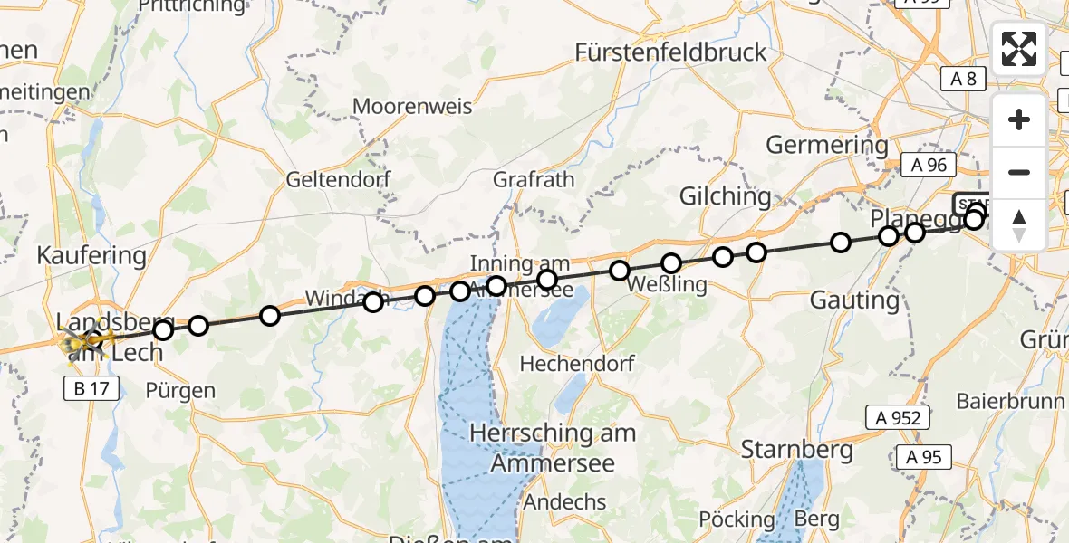 Flugroute Rettungshubschrauber DRF Air Rescue München Hubschrauberlandeplatz - Landsberg am Lech Hospital, 06 August 2026, 22:50