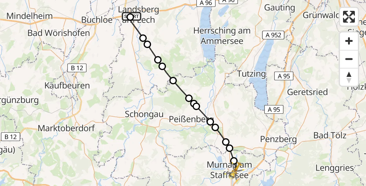 Flugroute Rettungshubschrauber Landsberg am Lech Hospital - Murnau a.Staffelsee, 06 August 2026, 23:33