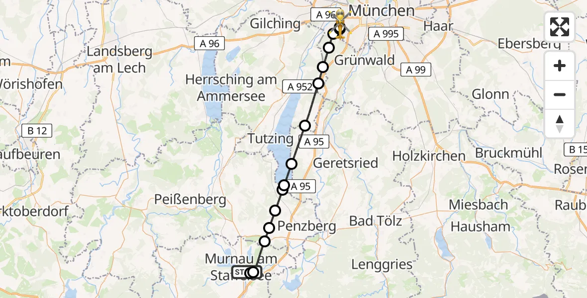 Flugroute Rettungshubschrauber Murnau Accident Hospital - DRF Air Rescue München Hubschrauberlandeplatz, 07 August 2026, 00:15