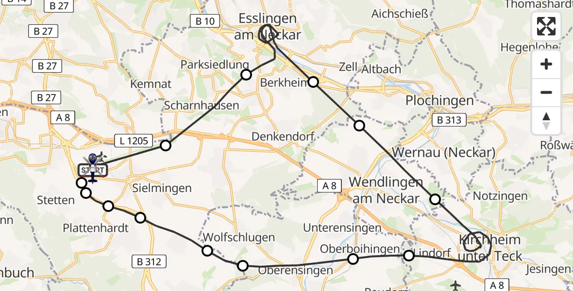 Flugroute Polizeihubschrauber Flughafen Stuttgart - Flughafen Stuttgart, 07 August 2026, 02:31