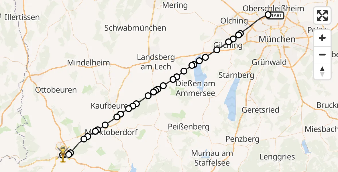 Flugroute Rettungshubschrauber Oberschleißheim - Kempten-Durach Flugplatz, 07 August 2026, 04:03