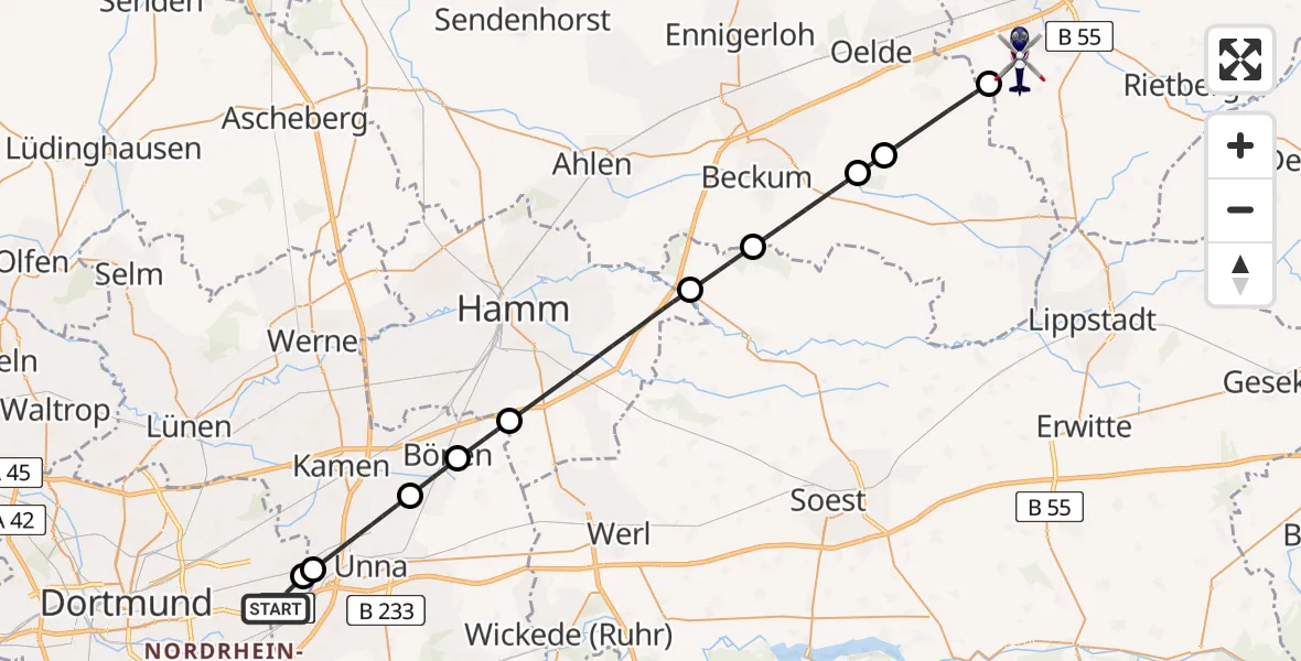 Flugroute Polizeihubschrauber Dortmund Flughafen - Rheda-Wiedenbrück, 07 August 2026, 04:37