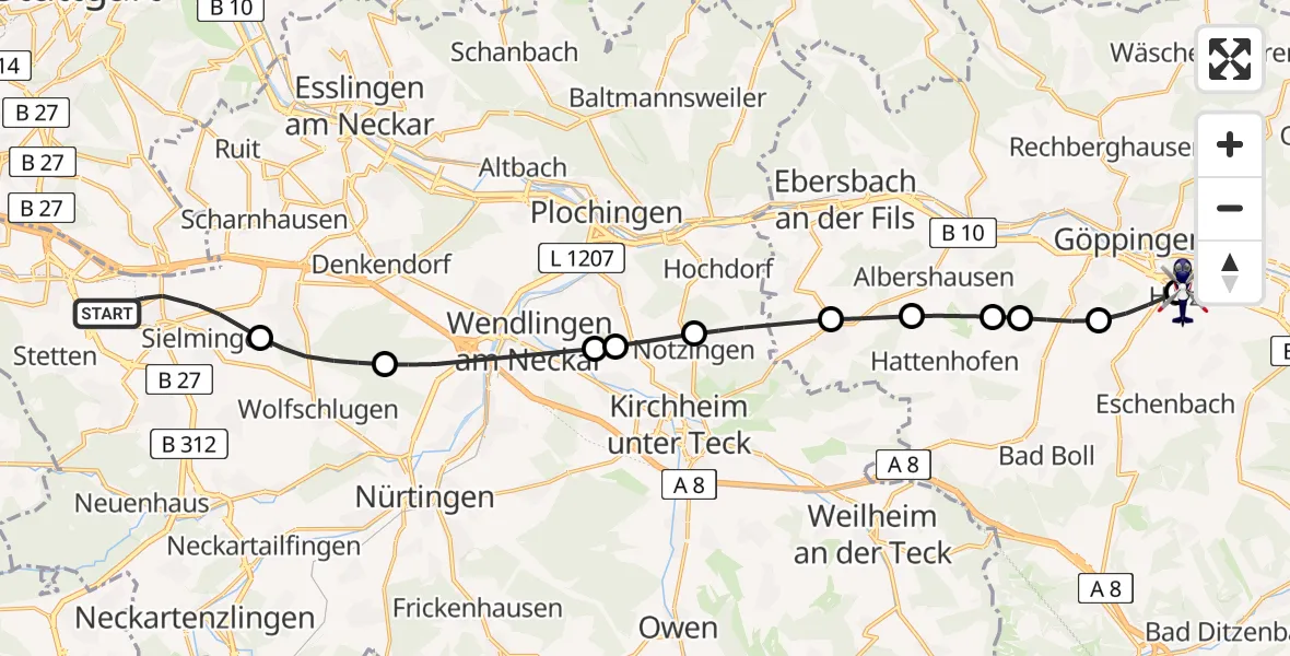 Flugroute Polizeihubschrauber Flughafen Stuttgart - Göppingen, 07 August 2026, 04:58