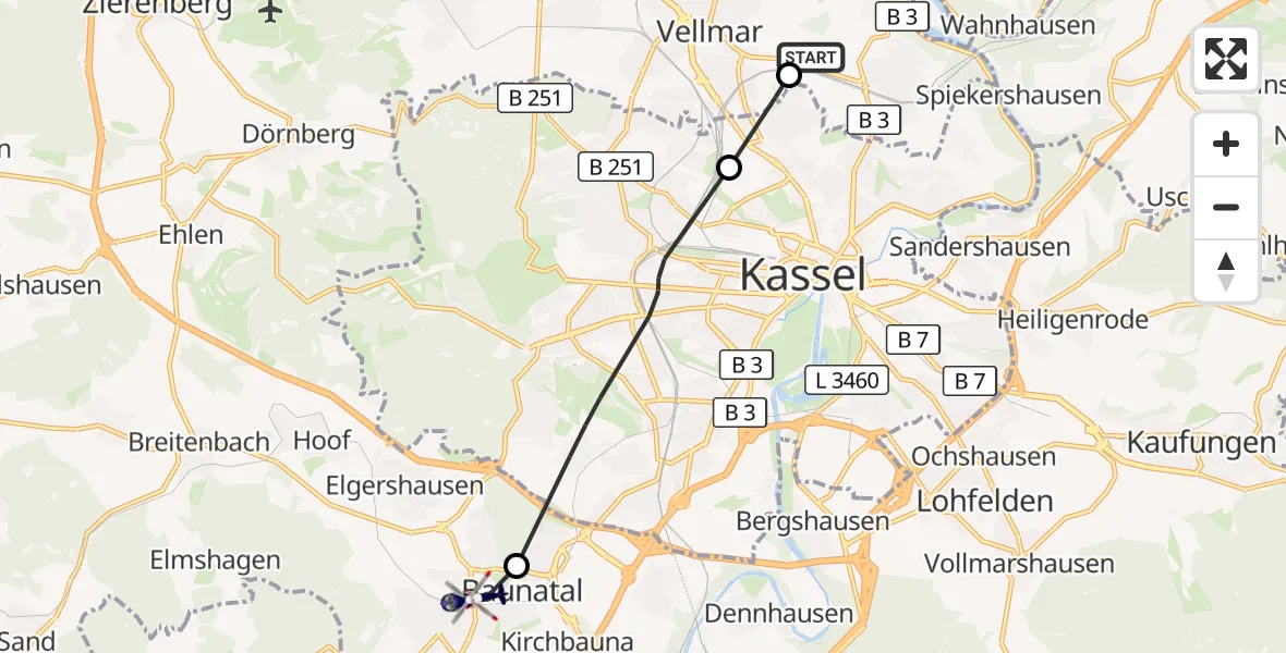 Flugroute Polizeihubschrauber Fuldatal Bundespolizei Hubschrauberlandeplatz - Baunatal, 07 August 2026, 05:00