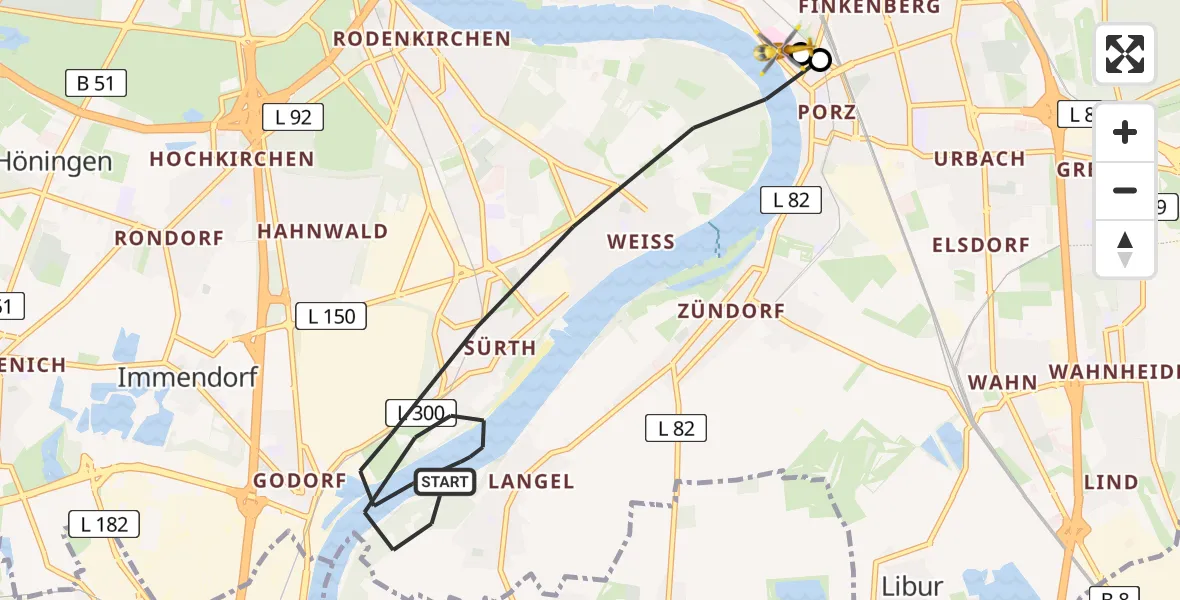 Flugroute Rettungshubschrauber Köln - Porz am Rhein Hospital, 07 August 2026, 05:42