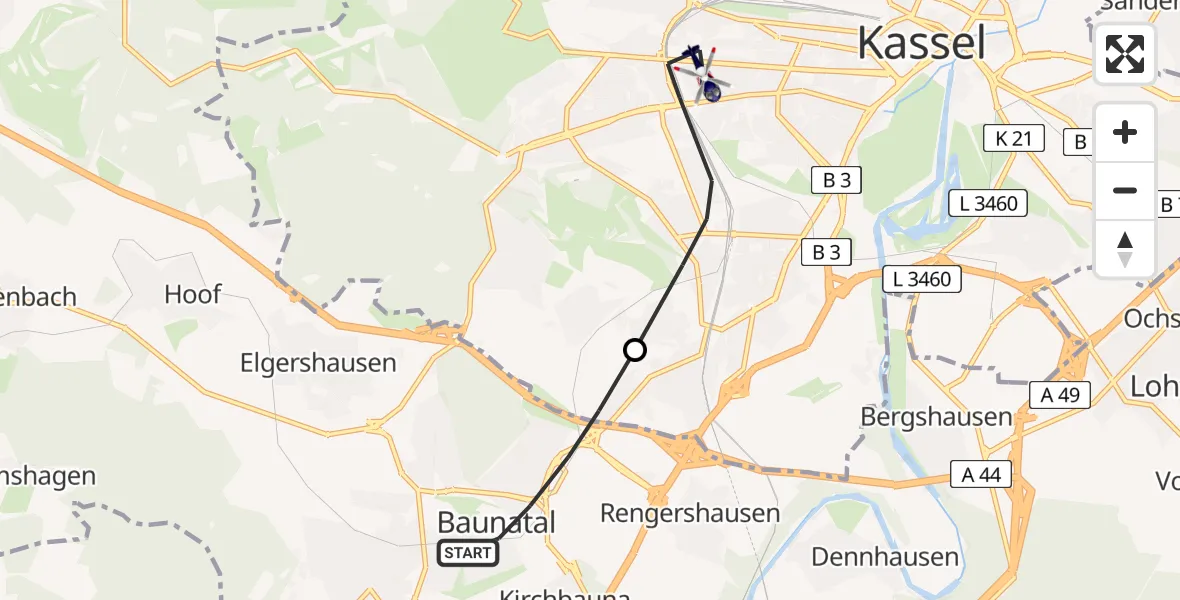 Flugroute Polizeihubschrauber Baunatal - Kassel, 07 August 2026, 05:50