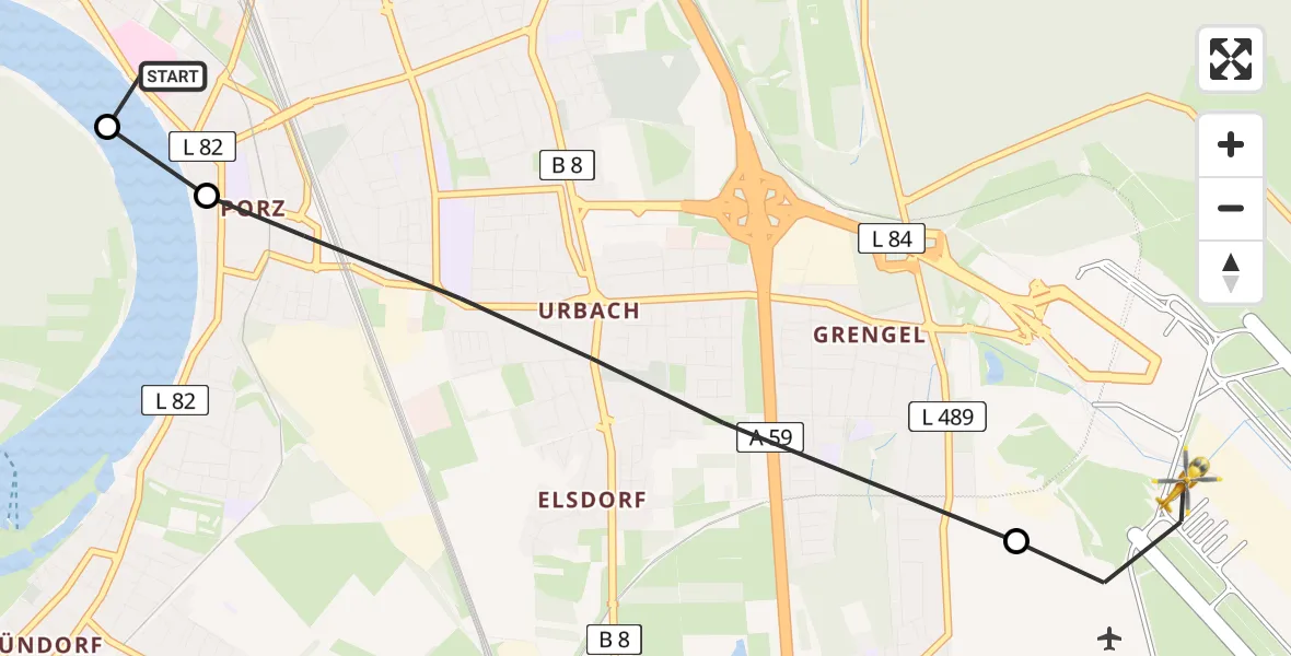 Flugroute Rettungshubschrauber Porz am Rhein Hospital - Köln Bonn Flughafen, 07 August 2026, 05:50