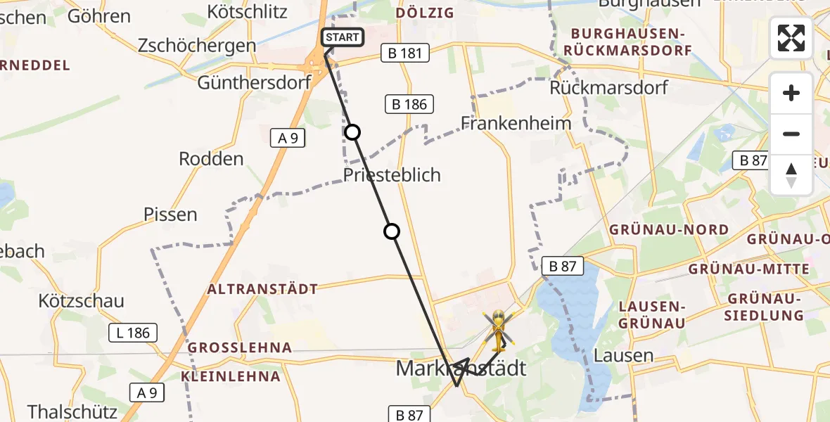 Flugroute Rettungshubschrauber ADAC Air Rescue Station Leipzig/Schkeuditz-Dölzig Hubschrauberlandeplatz (Christoph 61) - Markranstädt, 07 August 2026, 06:07