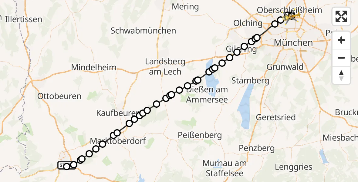 Flugroute Rettungshubschrauber Kempten-Durach Flugplatz - Oberschleißheim, 07 August 2026, 06:09
