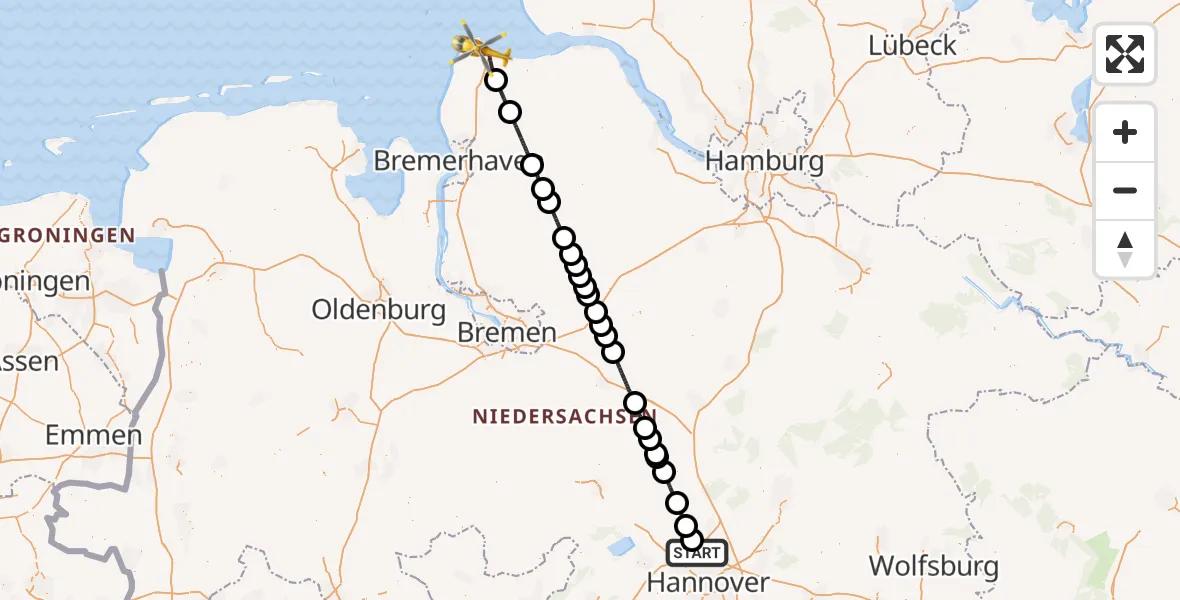 Flugroute Rettungshubschrauber Flughafen Hannover - Cuxhaven, 07 August 2026, 06:16