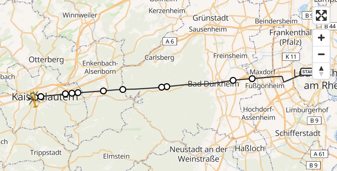 Flugroute Rettungshubschrauber Ludwigshafen am Rhein - Kaiserslautern, 07 August 2026, 06:19