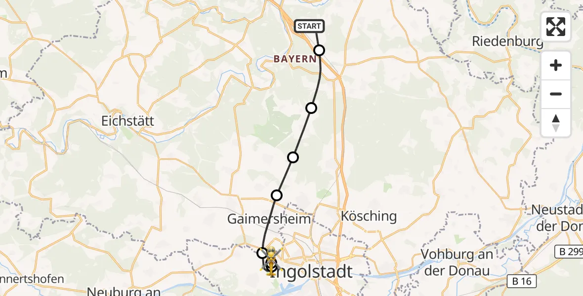 Flugroute Rettungshubschrauber Kipfenberg - Ingolstadt Hospital, 07 August 2026, 06:28