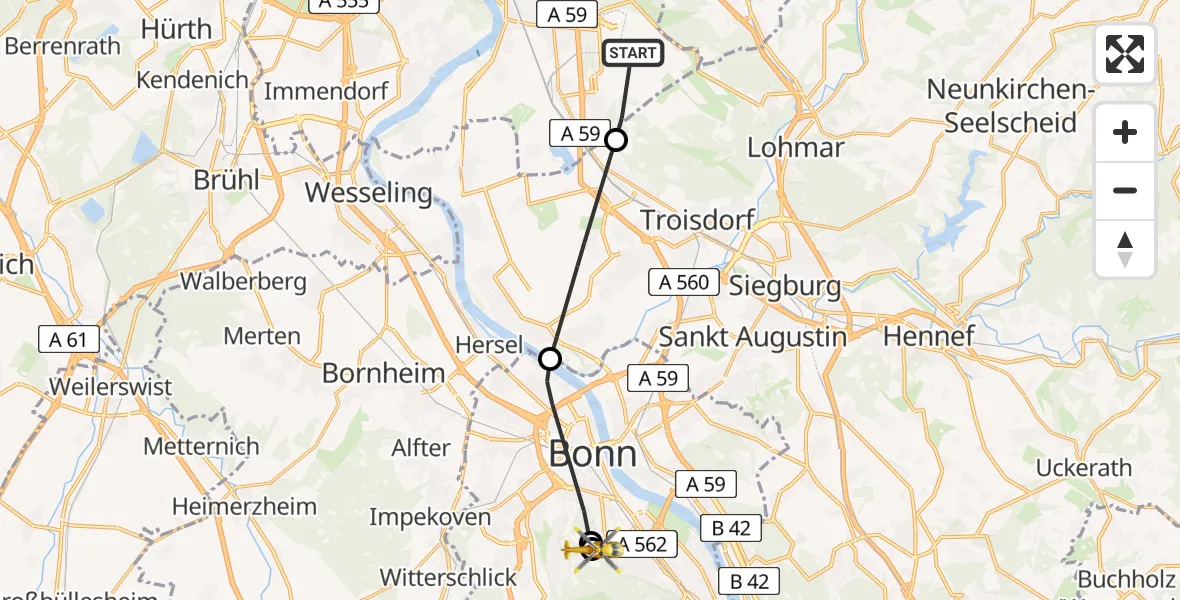 Flugroute Ambulanzhubschrauber Köln Bonn Flughafen - Bonn University Hospital, 07 August 2026, 06:45