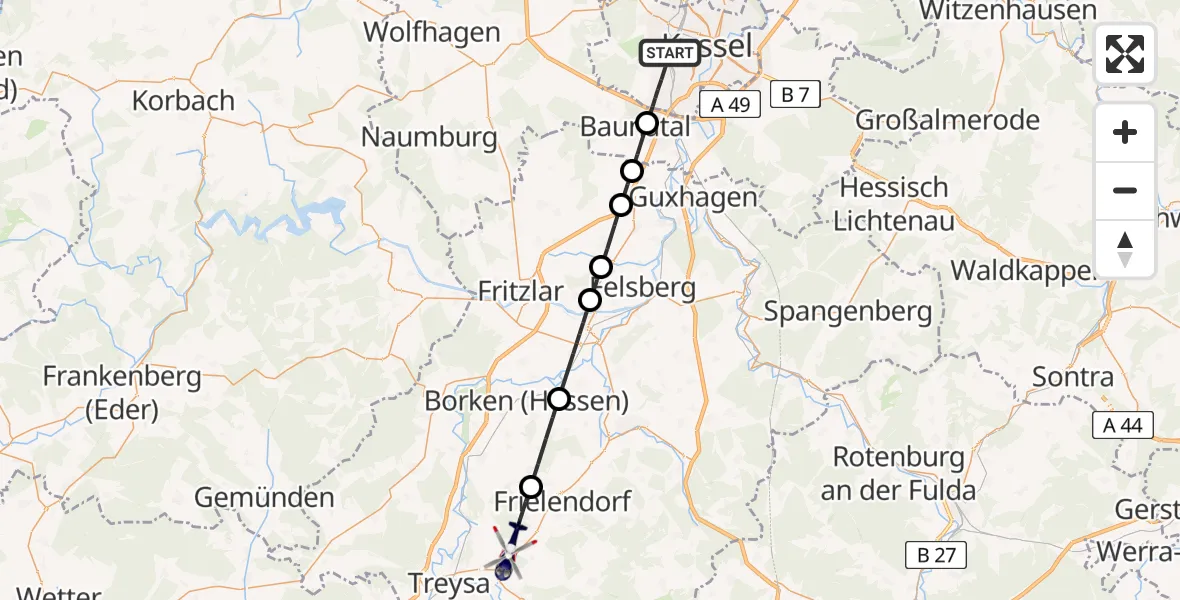 Flugroute Polizeihubschrauber Kassel - Schwalmstadt, 07 August 2026, 06:45