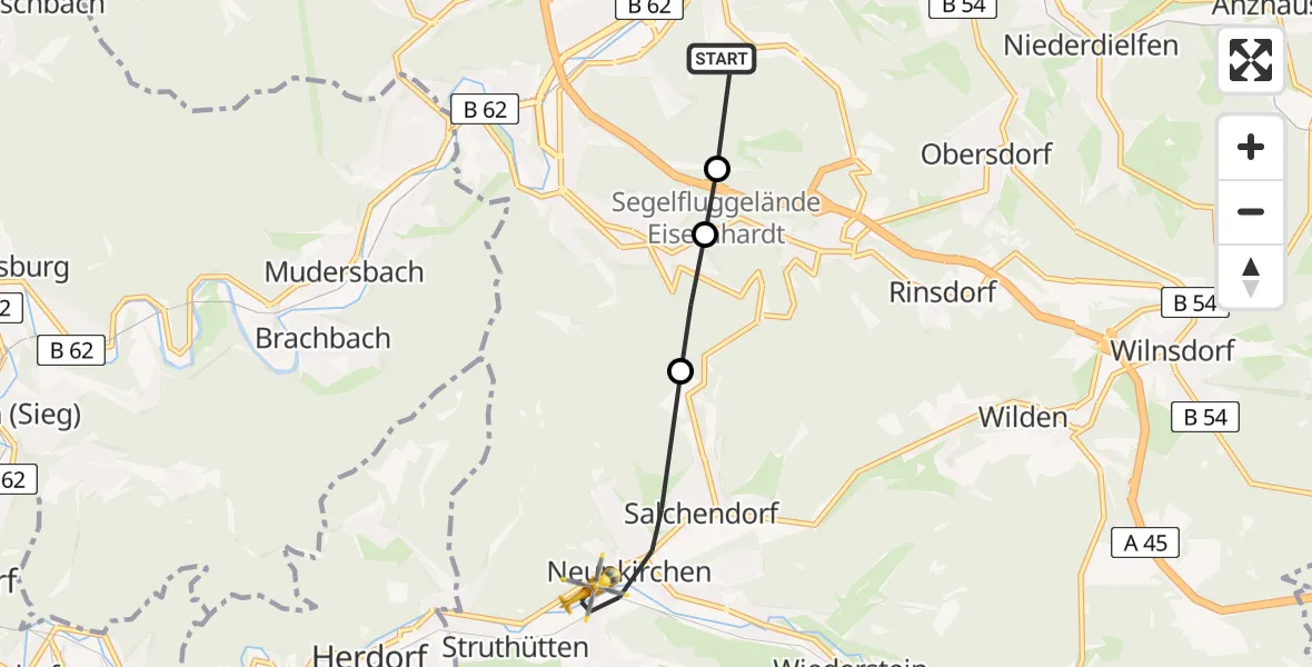 Flugroute Rettungshubschrauber Evangelisches Jung-Stilling Hospital - Neunkirchen, 07 August 2026, 06:51