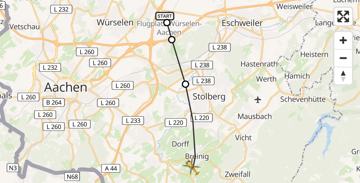 Flugroute Rettungshubschrauber Aachen-Merzbrück Flughafen - Stolberg (Rhld.), 07 August 2026, 06:58