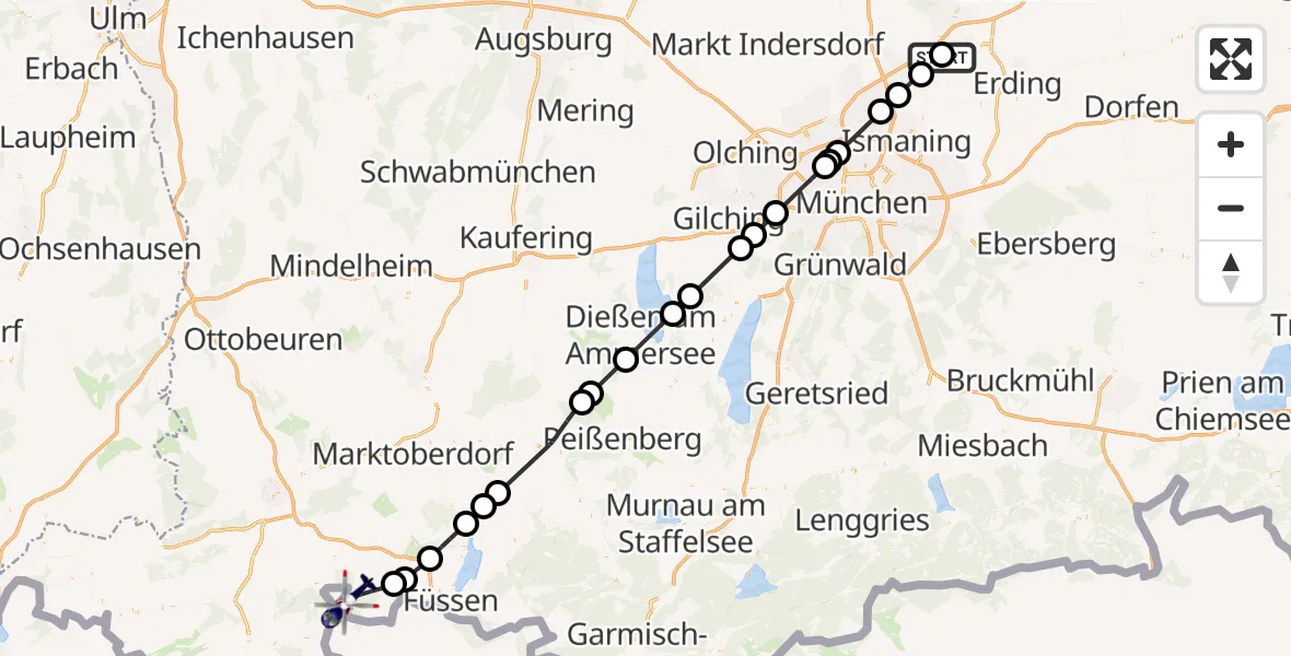 Flugroute Polizeihubschrauber München Flughafen - Pfronten, 07 August 2026, 07:06