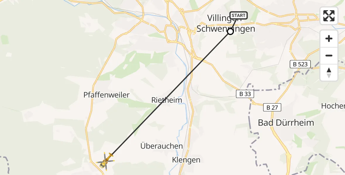 Flugroute Ambulanzhubschrauber DRF Air Rescue Station Villingen-Schwenningen Hubschrauberlandeplatz (Christoph 11) - Villingen-Schwenningen, 07 August 2026, 07:10